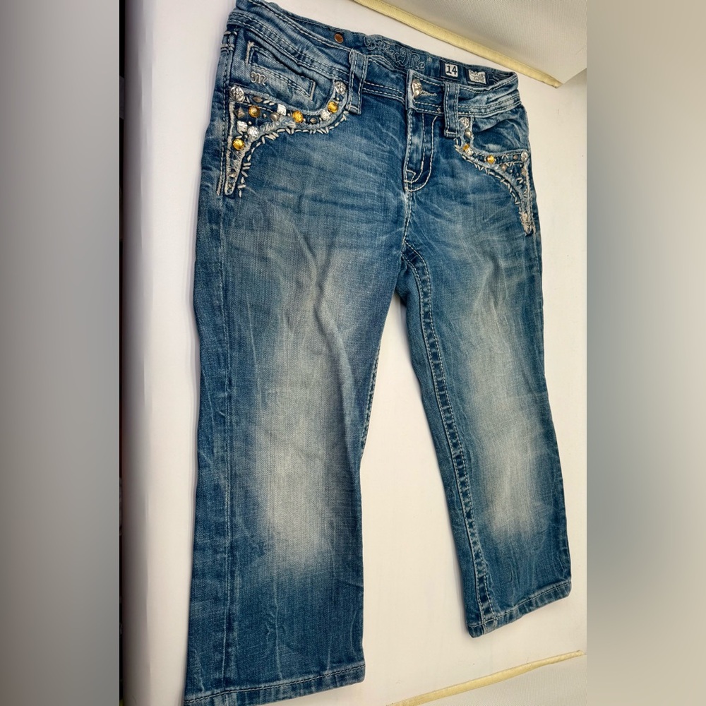 Miss Me Girls Capri Jeans Size‎ 14 Embellished Pockets Distressed Denim